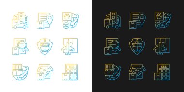 Uluslararası lojistik gradyan simgeleri karanlık ve aydınlık moduna ayarlandı. Küresel ulaşım. İnce çizgili sembol demetleri. Siyah ve beyaz üzerine izole vektör ana hatları koleksiyonu