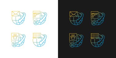 Uluslararası sevkiyat, karanlık ve aydınlık mod için belirlenmiş gradyan simgelerini yönetiyor. Global kargo teslimatı. İnce çizgili sembol demetleri. Siyah ve beyaz üzerine izole vektör ana hatları koleksiyonu