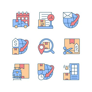 Dünya çapında profesyonel nakliye hizmeti RGB renk simgeleri ayarlandı. Zamanında teslimat garantili. Kargo koruması. İzole vektör çizimleri. Basit çizgi çizimleri koleksiyonu