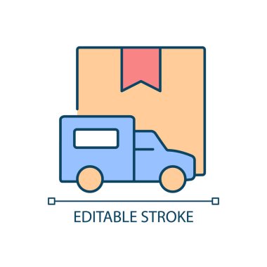 Uluslararası kamyon yükü nakliye hizmeti RGB renk simgesi. Kamyonlarla kargo ve paket teslimatı. Nakliye şirketi. İzole vektör çizimi. Basit bir çizgi çizimi. Düzenlenebilir vuruş