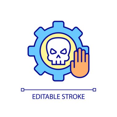 Dijital tehdit RGB renk simgesini engelle. Bilgisayar yazılımı sorunu ve sistem yönetimi kötü amaçlı yazılım tehlikesi. Bilgi teknolojileri. İzole vektör çizimi. Basit bir çizgi çizimi. Düzenlenebilir vuruş