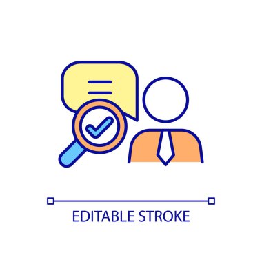 Çalışanların RGB renk ikonunu araştır. İşçinin tepkisini kontrol et. İnsan kaynakları. İş ve iş yönetimi. İzole vektör çizimi. Basit bir çizgi çizimi. Düzenlenebilir vuruş