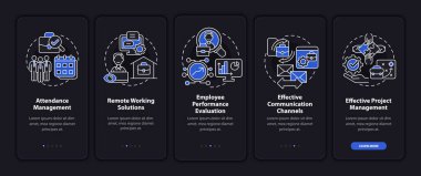 Çalışan izleme avantajları karanlık, mobil uygulama sayfası ekranında. Konseptlerle birlikte 5 aşamalı grafik talimatları takip et. Gece kipi çizimleriyle UI, UX, GUI vektör şablonu