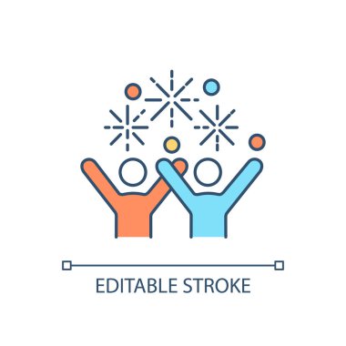 Mutlu insanlar RGB renk simgesi. Kutlama. Partide iki kişi havai fişeklerle. Olumlu ve iyimser. Parti ve akşam. İzole vektör çizimi. Basit bir çizgi çizimi. Düzenlenebilir vuruş