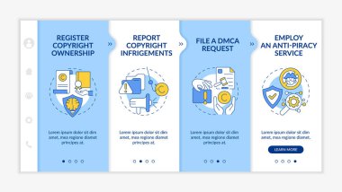 Yasal koruma yolları vektör şablonunda. Simgeli ilgili mobil web sitesi. Web sayfasında 4 basamaklı ekranlar. Doğrusal çizimler ile anti-korsanlık hizmetleri renk kavramını kullan
