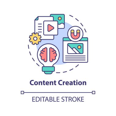 İçerik yaratma konsepti simgesi. Çevrimiçi girişimci becerileri soyut fikir ince çizgi çizimi. Seyirci katılımını arttır. Dijital pazarlama. Vektör izole edilmiş dış hat renk çizimi. Düzenlenebilir vuruş