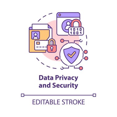 Veri gizliliği ve güvenlik konsepti ikonu. Çevrimiçi girişimcilik, soyut ve ince bir çizgi çizimi riskini göze alır. Müşteri koruma programı. Vektör izole edilmiş dış hat renk çizimi. Düzenlenebilir vuruş
