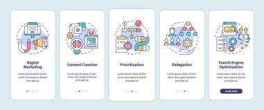 Çevrimiçi girişimci becerileri mobil uygulama sayfası ekranında. Dijital pazarlama, kavramlarla birlikte 5 aşamalı grafik talimatlar. UI, UX, doğrusal renk çizimleri olan GUI vektör şablonu