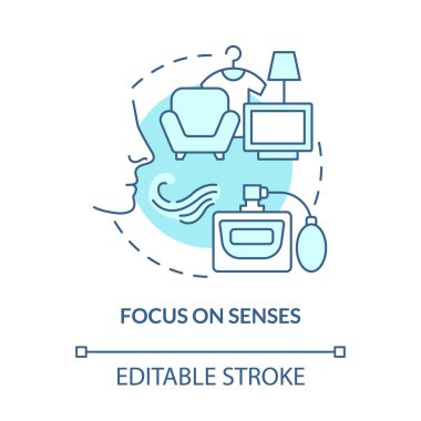 Koku pazarlama konsepti ikonu. Şirketle ilgili kokular. Duyusal damgalama. Koku reklamı soyut fikir ince çizgi çizimi. Vektör izole edilmiş dış hat renk çizimi. Düzenlenebilir vuruş