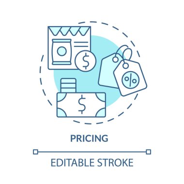 Fiyat belirleme süreci konsepti simgesi. Pazarlama stratejisi. Müşteri çekici bir teklif. Ürün maliyetini belirlemek soyut fikir ince çizgi çizimi. Vektör izole edilmiş dış hat renk çizimi. Düzenlenebilir vuruş