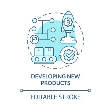 Yeni ürünler geliştirme mavi konsept simgesi. Dahili iş büyümesi soyut fikir ince çizgi çizimi. Fikirden imalata geçiş. Vektör izole edilmiş dış hat renk çizimi. Düzenlenebilir vuruş