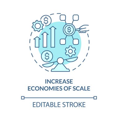 Mavi ölçekli konsept ikonu ekonomilerini artırın. Genişlemenin önemi soyut fikir ince çizgi çizimi. Maliyetler, değerler. Verimli büyüme. Vektör izole edilmiş dış hat renk çizimi. Düzenlenebilir vuruş
