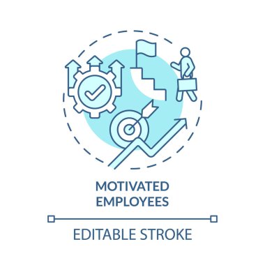 Motive olmuş çalışanlar mavi konsept ikonu. İç büyüme fikri soyut ince çizgi çizimi. Şirket büyüme sürecinde olan işçiler. Vektör izole edilmiş dış hat renk çizimi. Düzenlenebilir vuruş