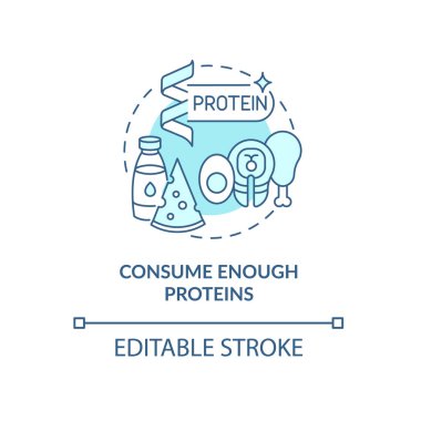 Yeterince protein mavi konsept ikonu tüketin. Hamilelik diyeti soyut fikir ince çizgi çizimi. Doğum sonrası büyümeyi destekleyin. Et, süt ürünleri. Vektör izole edilmiş dış hat renk çizimi. Düzenlenebilir vuruş