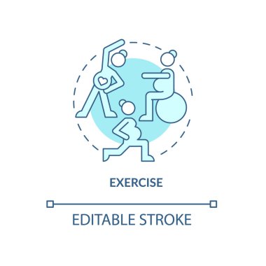 Hamile kadın için egzersiz mavi konsept ikonu. Zihinsel sağlık soyut fikri ince çizgi çizimi. Rahatsızlık vermek için güvenli aktiviteler. Vektör izole edilmiş dış hat renk çizimi. Düzenlenebilir vuruş