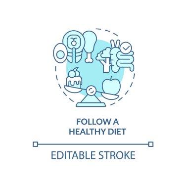 Sağlıklı beslenme mavi konsept simgesini takip et. Hamilelik sırasındaki akıl sağlığı soyut fikir ince çizgi çizimi. Fetüsün gelişmesine yardımcı oluyor. Vektör izole edilmiş dış hat renk çizimi. Düzenlenebilir vuruş