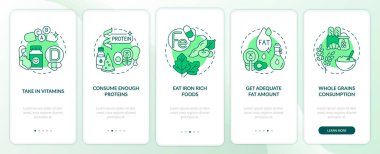 Gebelik sırasında mobil uygulama sayfası ekranında beslenme. Demir zengini yiyecekler, kavramlarla birlikte 5 aşamalı grafik talimatlar veriyor. UI, UX, doğrusal renk çizimleri olan GUI vektör şablonu