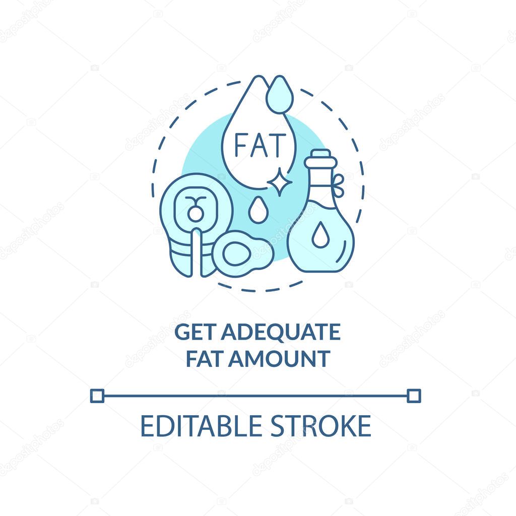 Get adequate fat amount blue concept icon. Pregnancy diet abstract idea thin line illustration. Healthy fat intake. Plant and animal foods. Vector isolated outline color drawing. Editable stroke