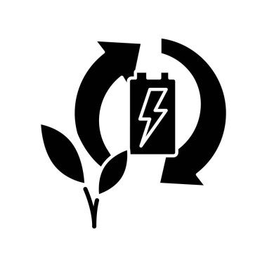 Eko pil geri dönüşüm simgesi. Tehlikeli atık depolamasını önle. Kullanılan akümülatörü şarj et. Güvenli depolama. Çevre bakımı. Beyaz uzayda siluet sembolü. Vektör izole illüstrasyonu