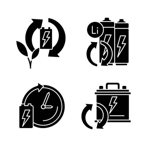 Eco battery disposal black glyph icons set on white space. Environmentally friendly reuse. Recycling electronic waste. Accumulator lifetime. Silhouette symbols. Vector isolated illustration