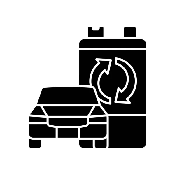 可回收电动车电池黑色字形图标 电动汽车蓄电池再利用 混合动力汽车电池物料回收 废物处理 白色空间上的轮廓符号 矢量孤立的说明 — 图库矢量图片