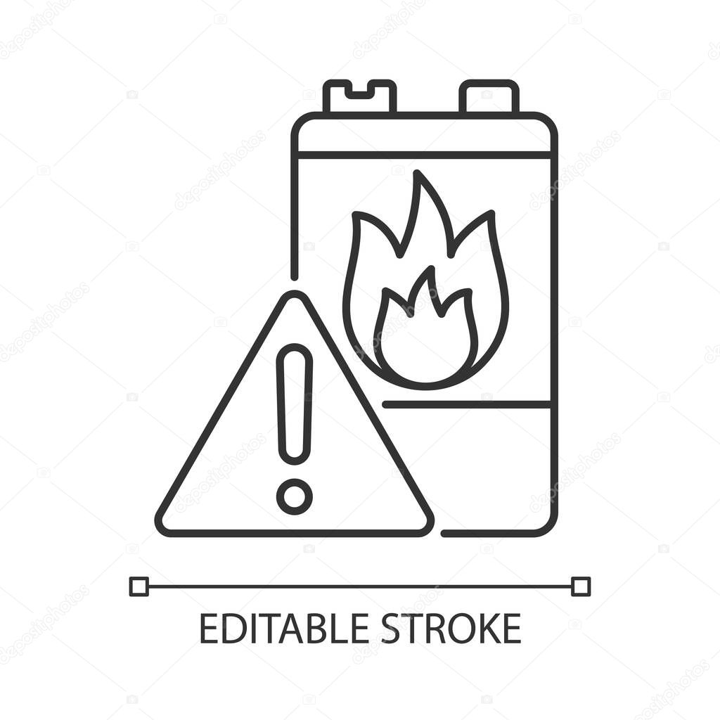 Battery flammability linear icon. Accumulator flash point. Thermal runaway. Fire start risk. Thin line customizable illustration. Contour symbol. Vector isolated outline drawing. Editable stroke