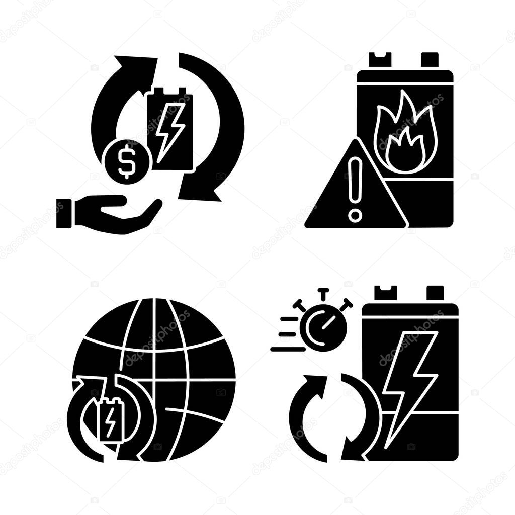 Recycling world industry black glyph icons set on white space. Make money on used batteries. E-waste processing rate. Accumulator flammability. Silhouette symbols. Vector isolated illustration