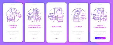Adjusting to living abroad purple gradient onboarding mobile app page screen. Walkthrough 5 steps graphic instructions with concepts. UI, UX, GUI vector template with linear color illustrations clipart