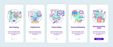 Mobil uygulama sayfası ekranında nöropazarlama teknikleri. Göz gezdirme 5 adım grafik talimatlar ve kavramlar. UI, UX, doğrusal renk çizimleri olan GUI vektör şablonu