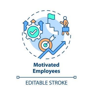 Motive edilmiş çalışanlar konsept simgesi. İç büyüme fikri soyut ince çizgi çizimi. Şirket büyüme sürecinde olan işçiler. Vektör izole edilmiş dış hat renk çizimi. Düzenlenebilir vuruş