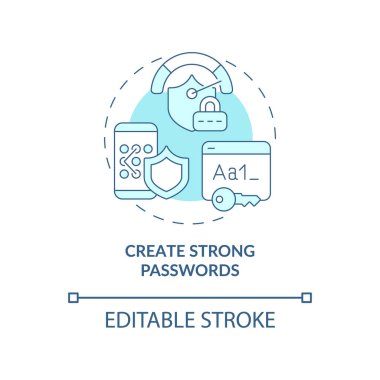Güçlü şifre oluşturma konsepti simgesi. Korunan uygulamalar kabul edilir. Çevrimiçi gizlilik güvenliği soyut fikir ince çizgi çizimi. Vektör izole edilmiş dış hat renk çizimi. Düzenlenebilir vuruş