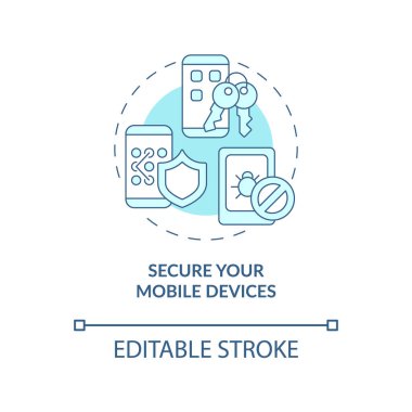 Mobil cihazlar çevrimiçi koruma konsepti simgesi. Güvenli mobil internet. Kişisel veri koruması online soyut fikir ince çizgi çizimi. Vektör izole edilmiş dış hat renk çizimi. Düzenlenebilir vuruş