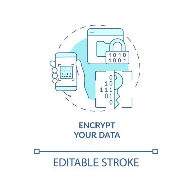 Veri şifreleme veri güvenliği konsept simgesi. Kişisel bilgi koruması online soyut fikir ince çizgi çizimi. Vektör izole edilmiş dış hat renk çizimi. Düzenlenebilir vuruş