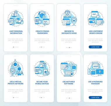 Verilerin çevrimiçi olarak korunması mobil uygulama sayfası ekranında ayarlandı. Konseptlerle birlikte sekiz aşamalı grafik talimatları güvenli bir şekilde incele. UI, UX, doğrusal renk çizimleri olan GUI vektör şablonu