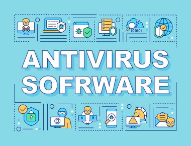 Kişisel veri sözcüklerini kaydeden antivirüs yazılımı pankartı kavramlıyor. Mavi arkaplanda doğrusal simgeleri olan bilgi grafikleri. İzole edilmiş yaratıcı tipografi. Metin ile vektör ana hatları renk illüstrasyonu