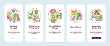 Gebelik sırasında mobil uygulama sayfasında partner desteği. Konseptlerle ilgili 5 aşamalı grafik talimatları sor. UI, UX, doğrusal renk çizimleri olan GUI vektör şablonu