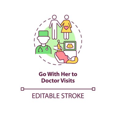 Onunla doktor ziyaretleri konsept ikonuna git. Hamilelik sırasında soyut fikir çizgisi çizimi sırasında ortak desteği. Tıbbi ultrason randevusu. Vektör izole edilmiş dış hat renk çizimi. Düzenlenebilir vuruş