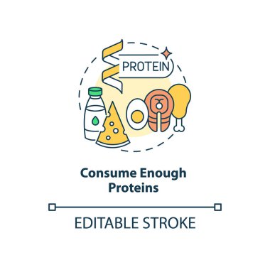 Yeterince protein konsept simgesi tüketin. Hamilelik diyeti soyut fikir ince çizgi çizimi. Temel besin maddeleri olan yiyecekler. Et, süt ürünleri. Vektör izole edilmiş dış hat renk çizimi. Düzenlenebilir vuruş