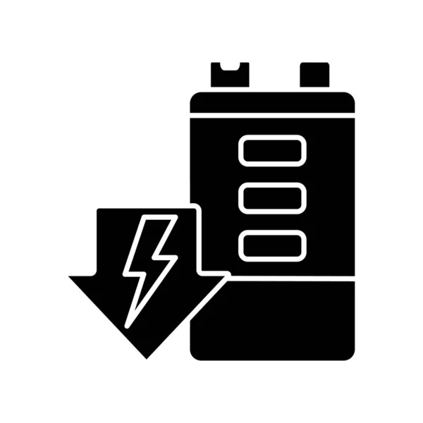 バッテリが黒いグリフアイコンを放電します 自己放電 電圧とエネルギーの減少 蓄積力排水 耐久性の劣化 白い空間にシルエットのシンボル ベクトル分離図 — ストックベクタ