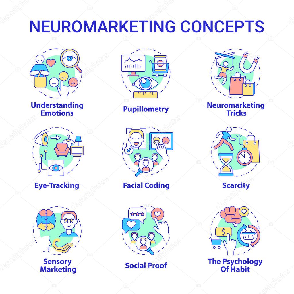 Neuromarketing concept icons set. Neuroscience and psychology. Sensory marketing. Customer behavior tracking idea thin line color illustrations. Vector isolated outline drawings. Editable stroke