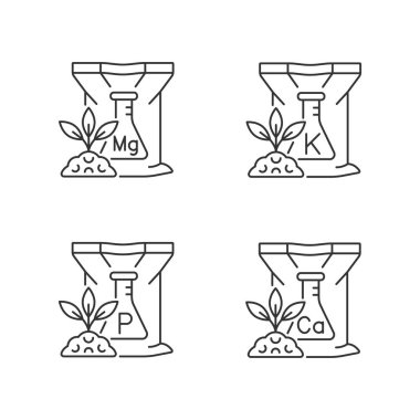 Kimyasal gübre doğrusal simgeleri ayarlandı. Zemin ve bitkiler için inorganik takviyeler. Magnezyum açısından zengin. Özelleştirilebilir ince çizgi şekilleri. İzole vektör çizimi çizimleri. Düzenlenebilir vuruş