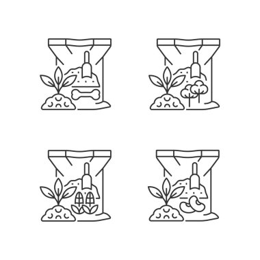 Organik takviyeler doğrusal simgeler ayarlandı. Toprak için doğal gübreler. Büyüme artıyor. Kuru katkı maddesi. Özelleştirilebilir ince çizgi şekilleri. İzole vektör çizimi çizimleri. Düzenlenebilir vuruş