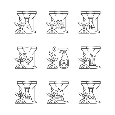 Granüler gübreler doğrusal simgeler oluşturuldu. Toprak için kuru besinler. Bitkiler büyür ve gelişir. Özelleştirilebilir ince çizgi şekilleri. İzole vektör çizimi çizimleri. Düzenlenebilir vuruş