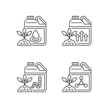 Sıvı takviyeleri doğrusal simgeler ayarlandı. Zemin ve kökler için sıvı gübre. Organik, kimyasal katkı maddeleri. Özelleştirilebilir ince çizgi şekilleri. İzole vektör çizimi çizimleri. Düzenlenebilir vuruş