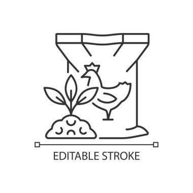 Tavuk gübresi doğrusal ikonu. Bitkiler ve ekinler organik olarak besleniyor. Büyüme artıyor. İnce çizgi özelleştirilebilir illüstrasyon. Contour sembolü. Vektör izole çizim. Düzenlenebilir vuruş