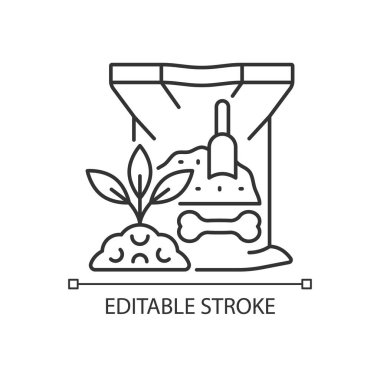 Kemik yemeği doğrusal simgesi. Toprak takviyesi için organik toz. Elementler ve mineraller karışımı. İnce çizgi özelleştirilebilir illüstrasyon. Contour sembolü. Vektör izole çizim. Düzenlenebilir vuruş
