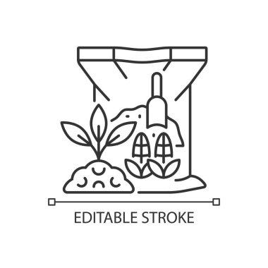 Mısır glüten yemek doğrusal simgesi. Organik toprak ve bitki takviyesi. Beslenmek için kullanılan mısır yan ürünü. İnce çizgi özelleştirilebilir illüstrasyon. Contour sembolü. Vektör izole çizim. Düzenlenebilir vuruş
