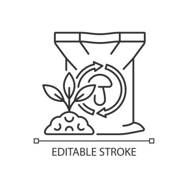 Mantar gübresi doğrusal simgesi. Bitkiler için organik takviye. Doğal substrat. Gübre katkı maddesi. İnce çizgi özelleştirilebilir illüstrasyon. Contour sembolü. Vektör izole çizim. Düzenlenebilir vuruş