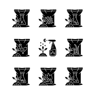 Granüler gübreler, beyaz uzaya dizilmiş siyah kabartma sembolleri. Toprak ve bitki için kuru besinler. Bitkiler büyür ve gelişir. Siluet sembolleri. Vektör izole illüstrasyonu