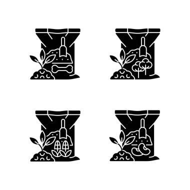 Organik takviyeler, beyaz uzaya dizilmiş siyah kabartma sembolleri. Toprak için doğal gübreler. Bitkiler büyür ve gelişir. Kuru katkı maddesi. Siluet sembolleri. Vektör izole illüstrasyonu